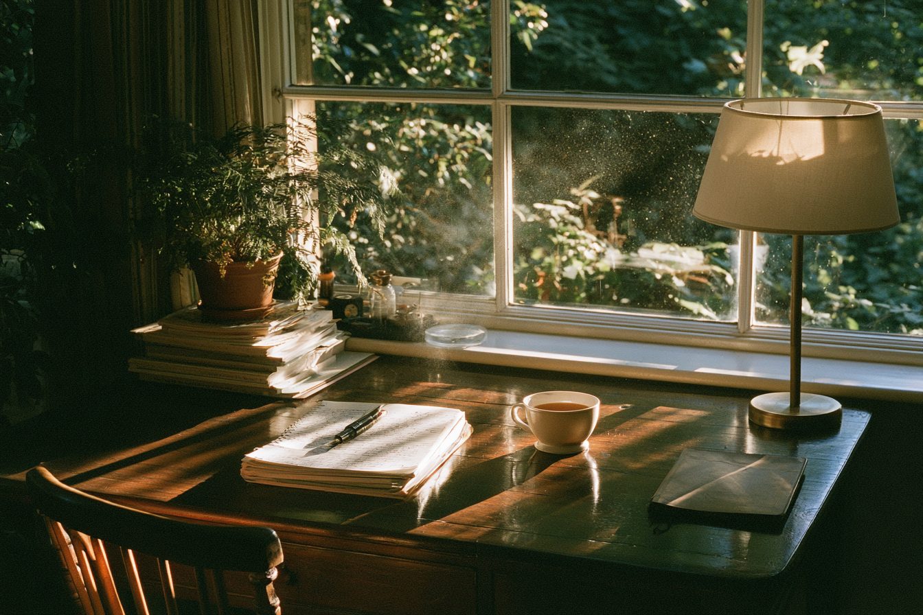 A writing desk by a window, with a notebook, a pen and a cup of tea, in late afternoon light.